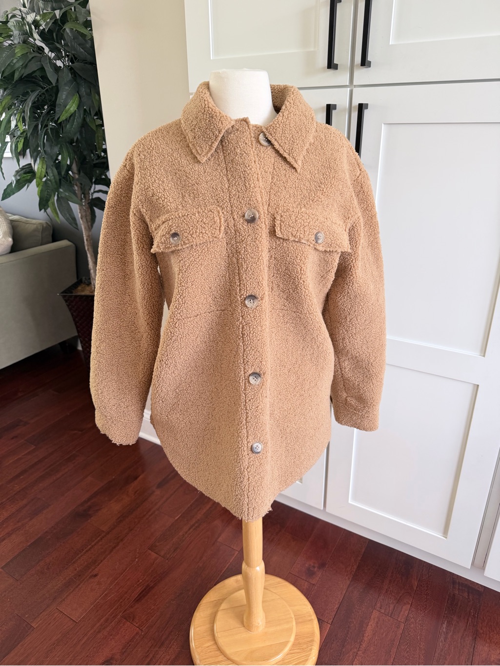 Joie Camel-Colored Sherpa Teddy Shacket Button Front Suede Like Lining Small